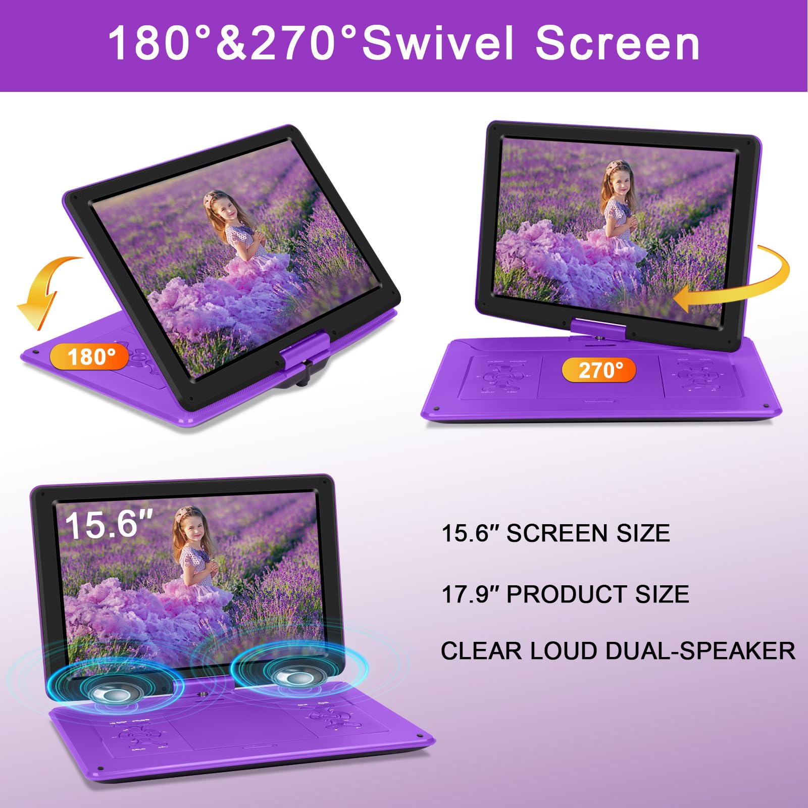 ???????????? 17.9'' Portable Dvd Player With 15.6'' Large Swivel Screen, 6 Hours Battery Dvd Player Portable With Car Charger An